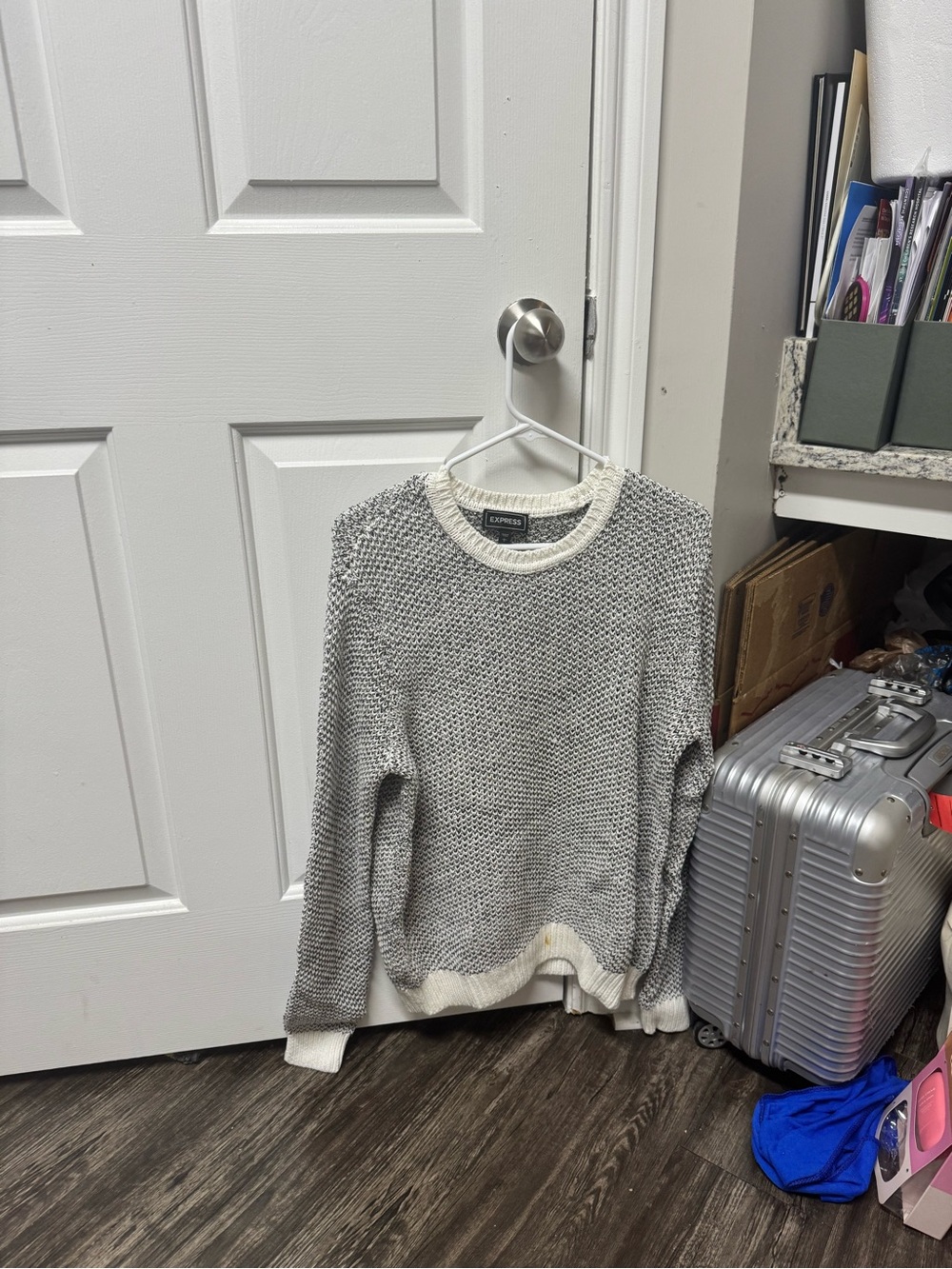 Express Gray and Cream Crewneck Knit Sweater